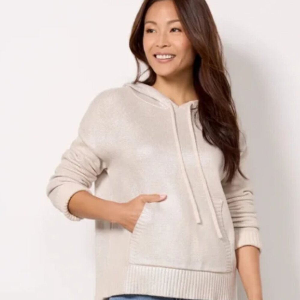 Evereve Silver Oatmeal Aspen Metallic Hoodie Size L New
